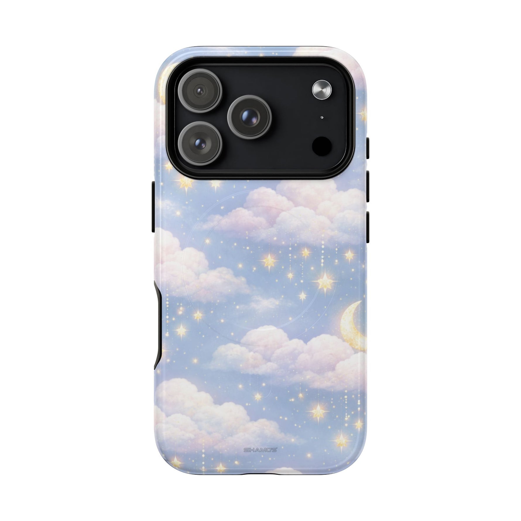 Phone case with sky blue background, soft clouds, stars, crescent moon design, fits variant size