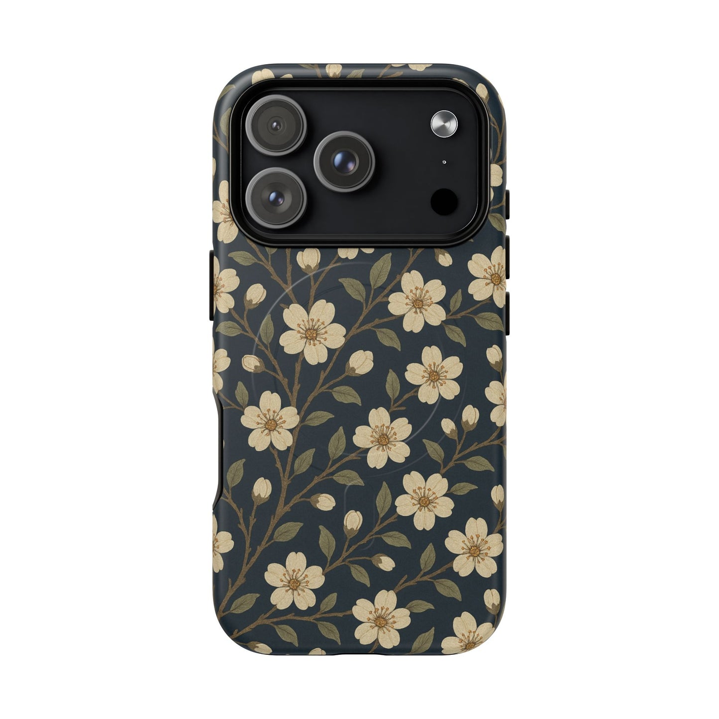 Navy Cherry Blossom Floral iPhone Case - Compatible with MagSafe