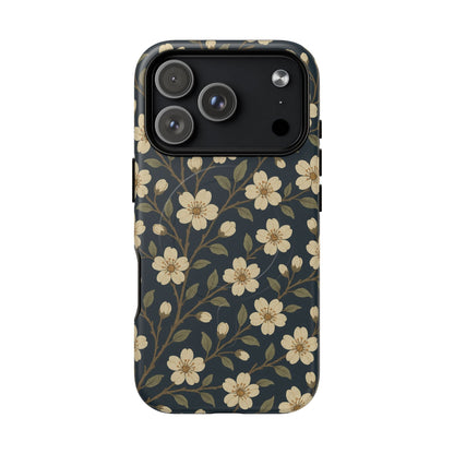Navy Cherry Blossom Floral iPhone Case - Compatible with MagSafe