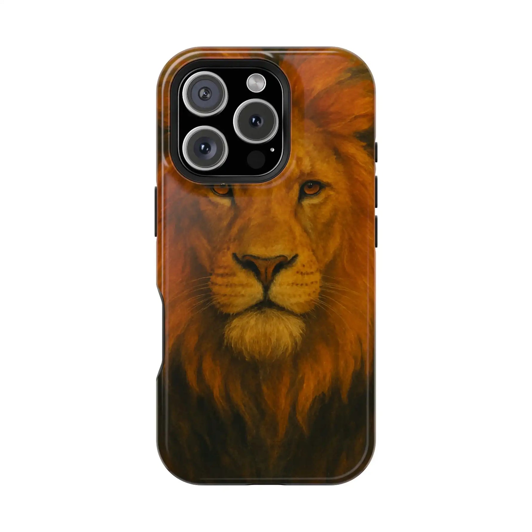 iPhone 13 Pro phone case with a detailed lion face design in orange and brown hues, showing camera cutout