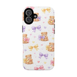 iPhone 12 case with pattern of cute teddy bears, pink, purple, yellow bows, and hearts