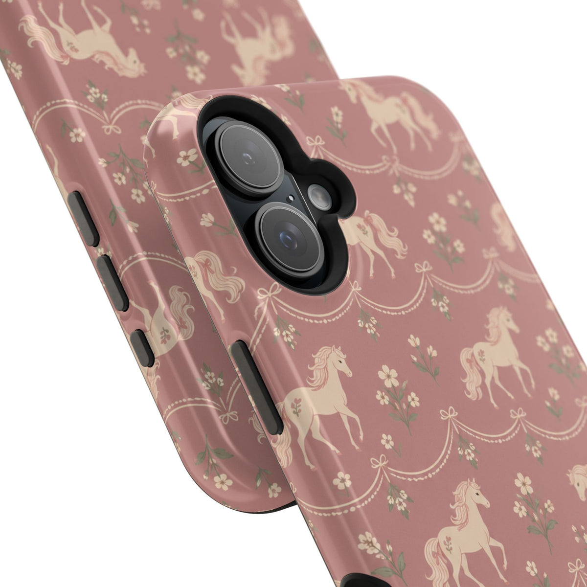 Rose Ponies MagSafe Phone Case, glossy vertical dual-camera model, camera and side-button close-up