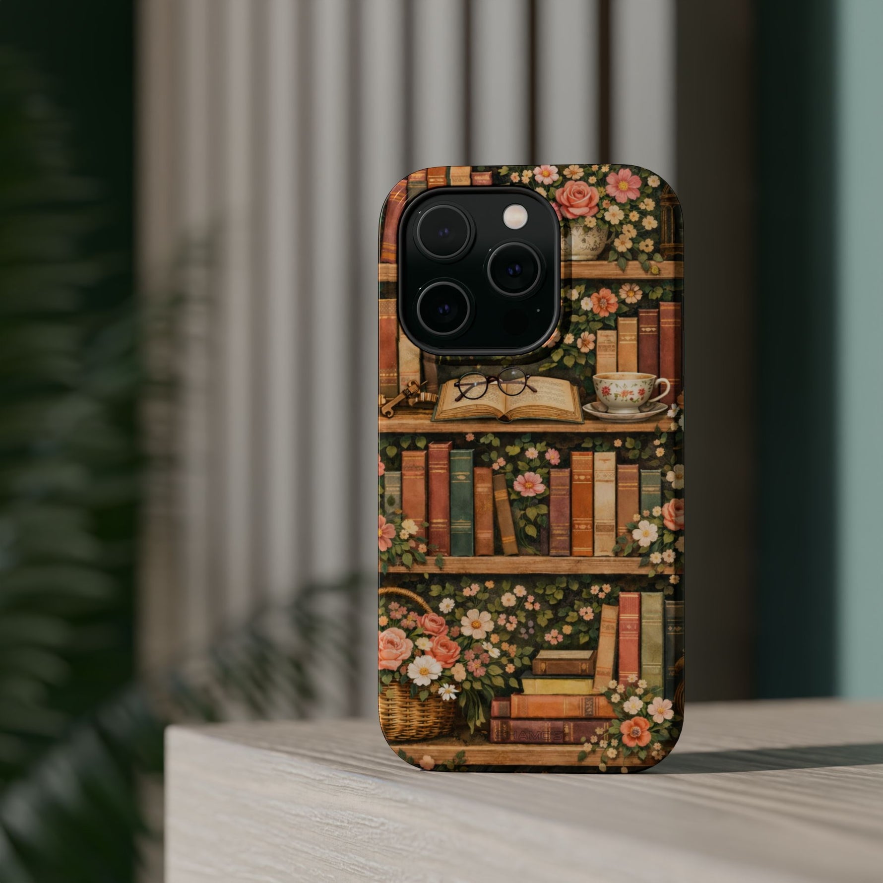 Floral Bookshelf iPhone Case — MagSafe Magnetic, Impact-Resistant