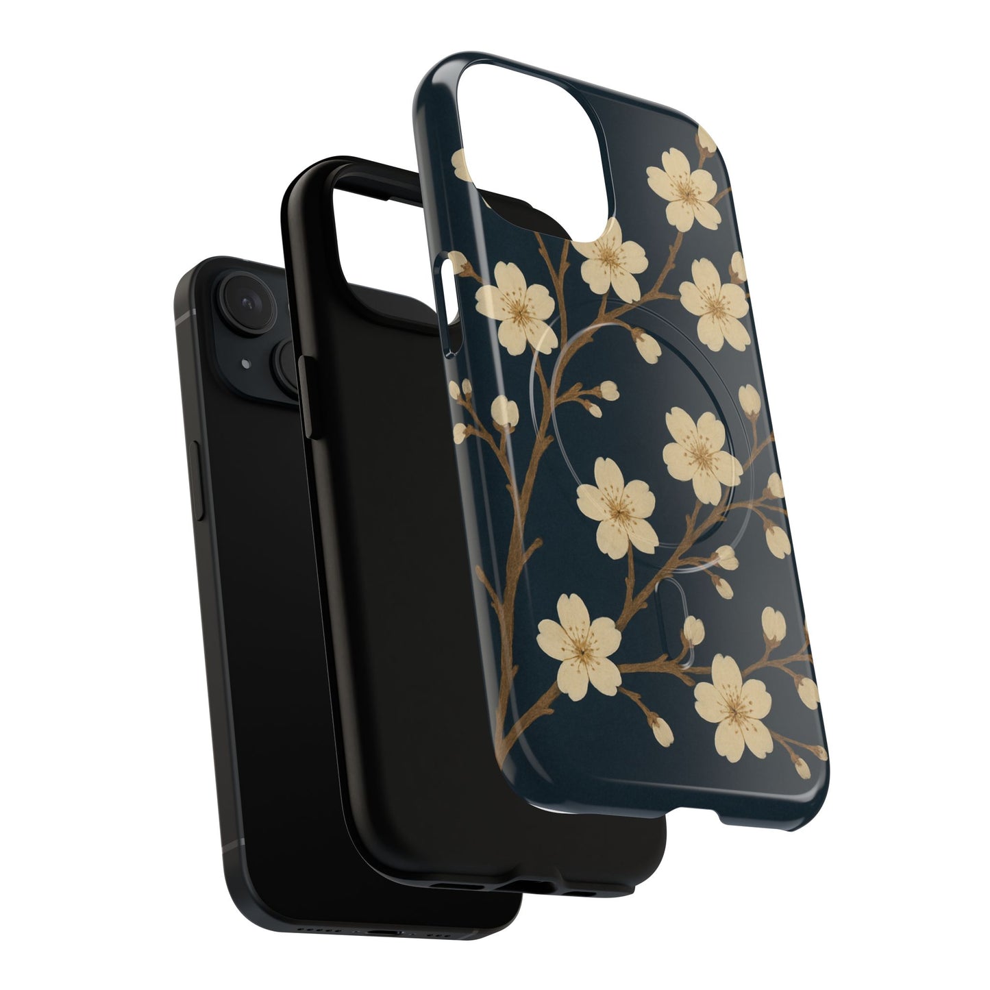 Navy Cherry Blossom Floral iPhone Case - Compatible with MagSafe