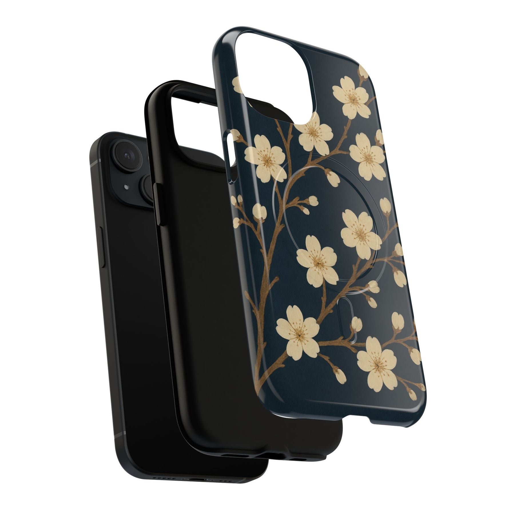 Navy Cherry Blossom Floral iPhone Case - Compatible with MagSafe - Shamo's