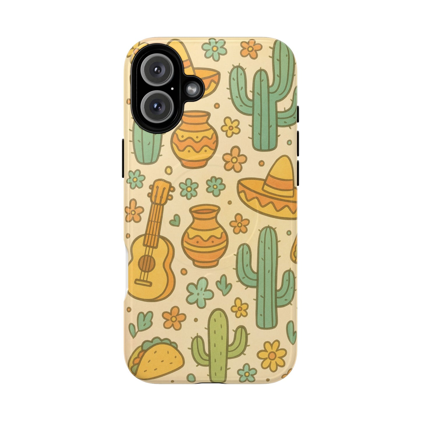 Mexico Hand-Drawn Cactus Pattern iPhone Case – Cute Desert Guitar & Sombrero Design | with MagSafe