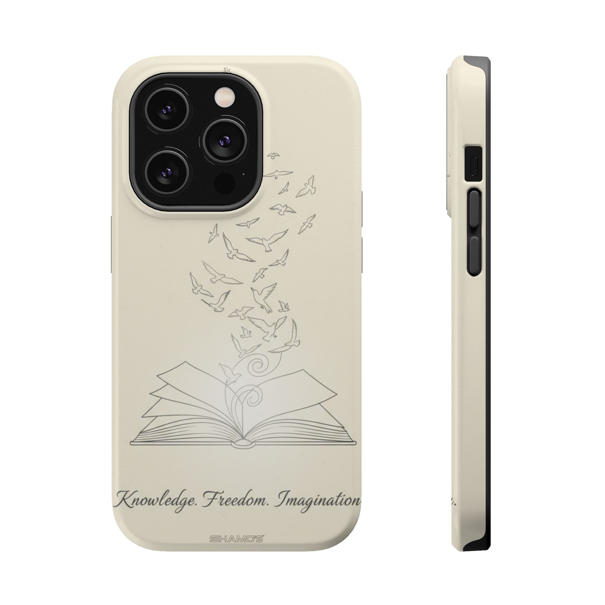 'Knowledge, Freedom, Imagination' Book & Birds Minimalist Magnetic Impact-Resistant Phone Case with MagSafe - iPhone 14 Pro / Glossy - Shamo's
