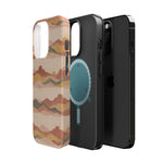 Sunset Trails – Desert Landscape MagSafe Phone Case, glossy square triple-camera Pro model, exploded shell and liner with magnetic ring