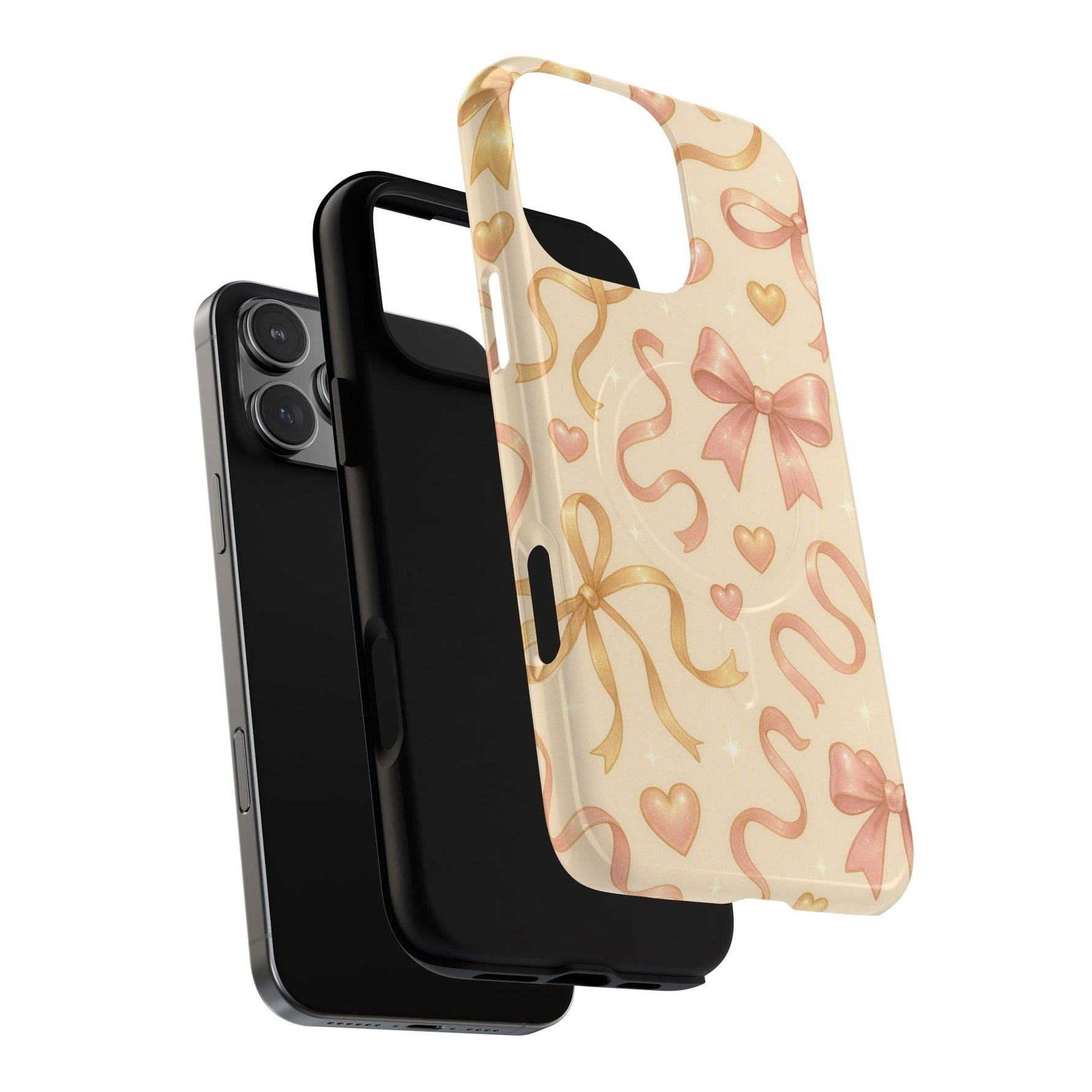 Festive Bow Charm iPhone Case — Pink & Gold Ribbon Hearts with MagSafe  Shamo's