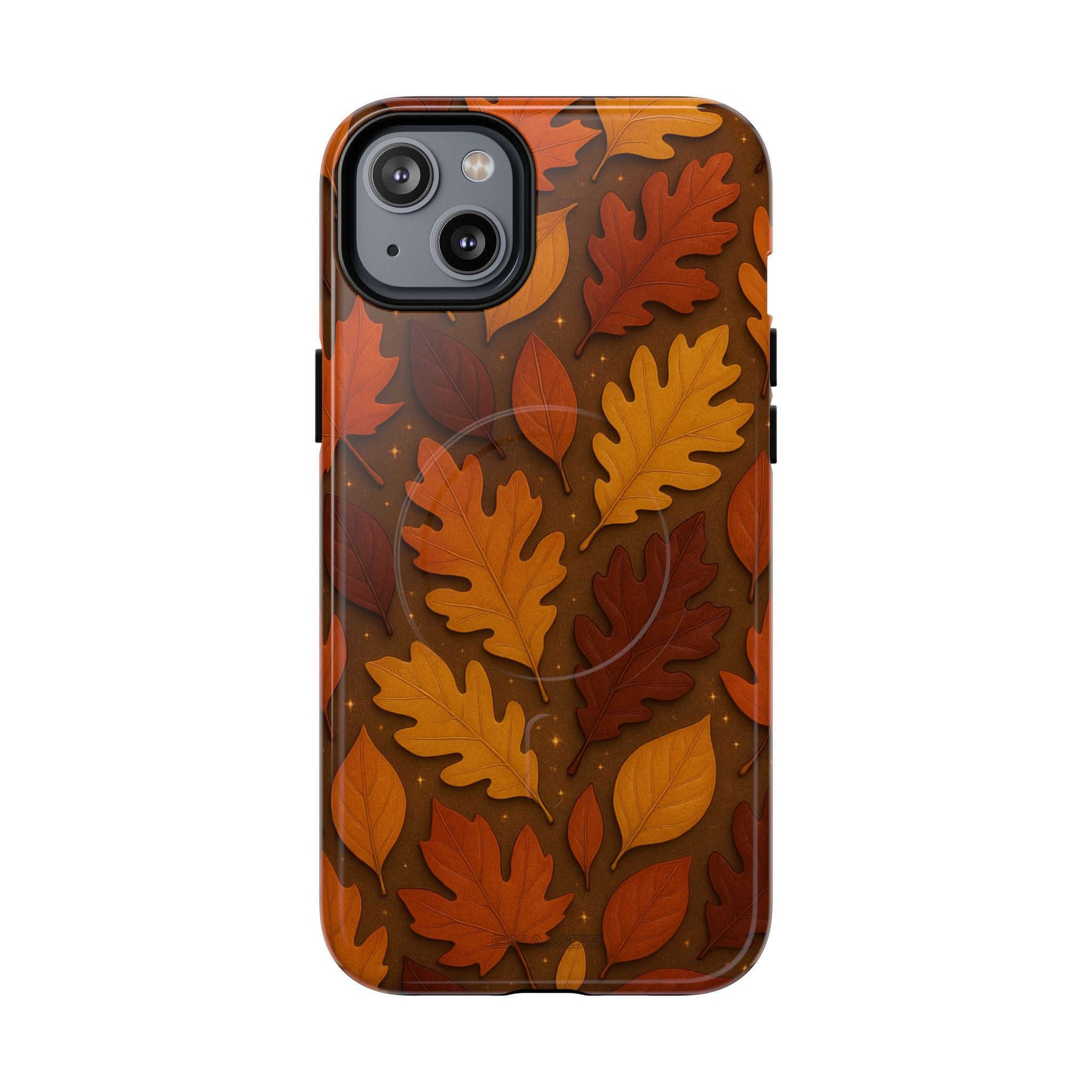 Phone case with orange and golden autumn leaves on a dark brown background