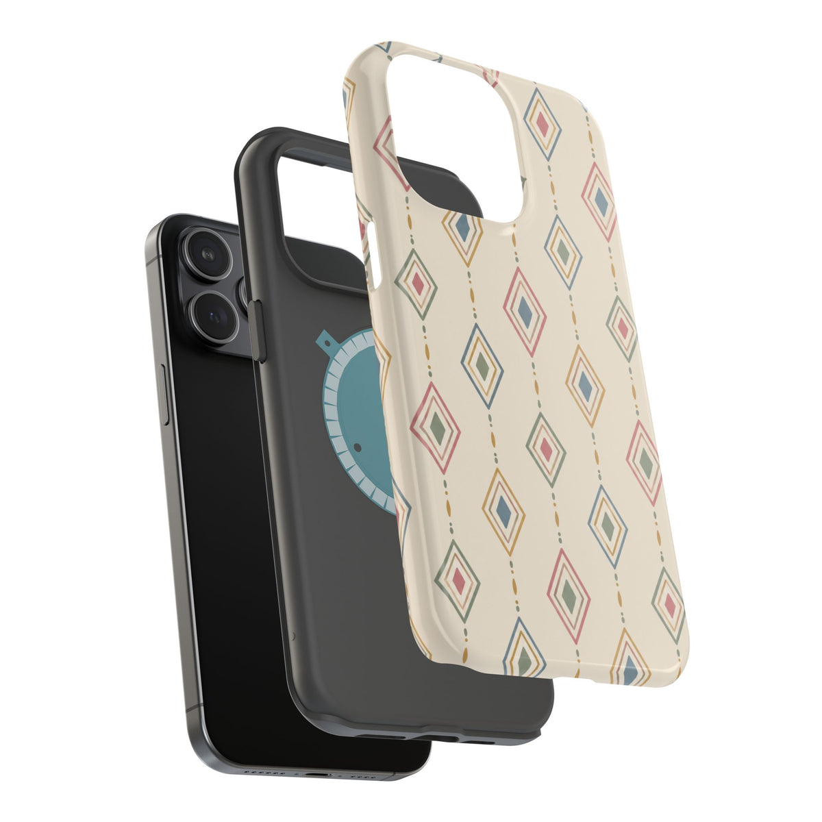 Desert Diamonds – Pastel Geometric Pattern MagSafe Phone Case, glossy square triple-camera Pro model, exploded shell and liner with magnetic ring