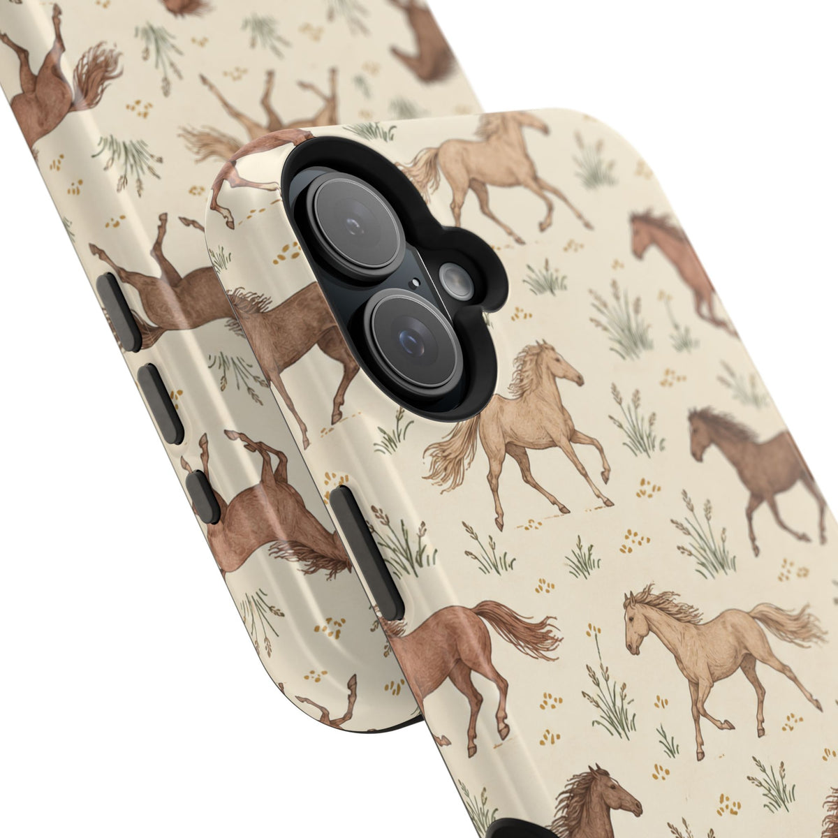 Wild Mustangs – Western Horse Pattern MagSafe Phone Case, glossy vertical dual-camera model, camera and side-button close-up