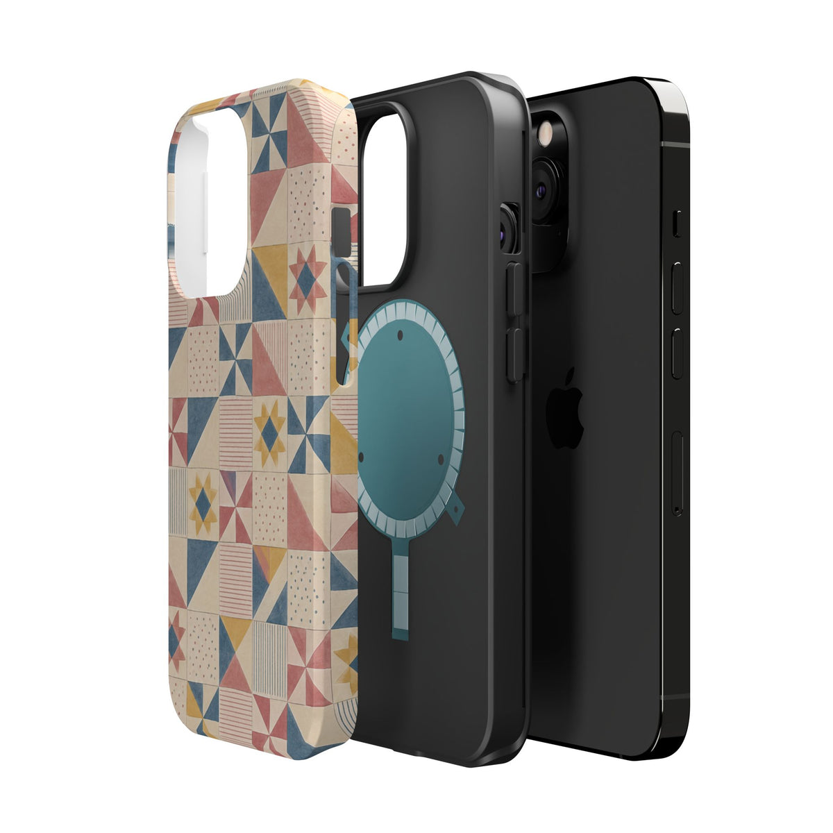 Prairie Quilt – Pastel Patchwork Pattern MagSafe Phone Case, glossy square triple-camera Pro model, exploded shell and liner with magnetic ring