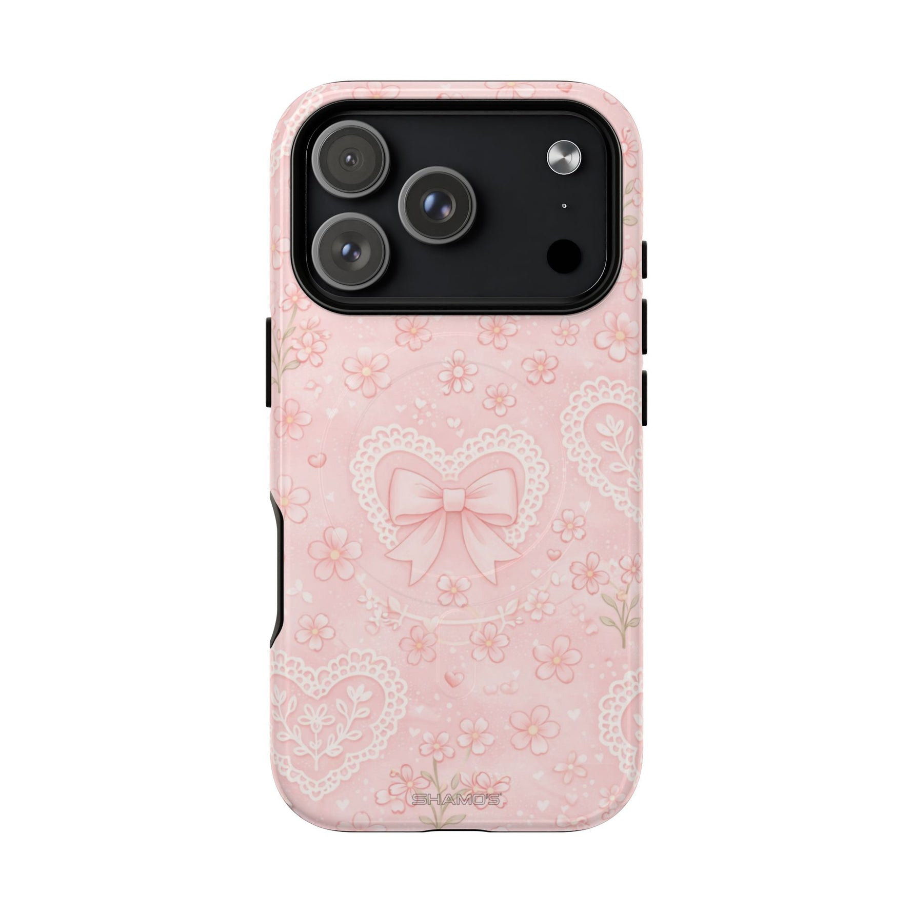 Balletcore Pink Floral Lace iPhone Case with Bow | Works with MagSafe - iPhone 17 Pro / Glossy - Shamo's