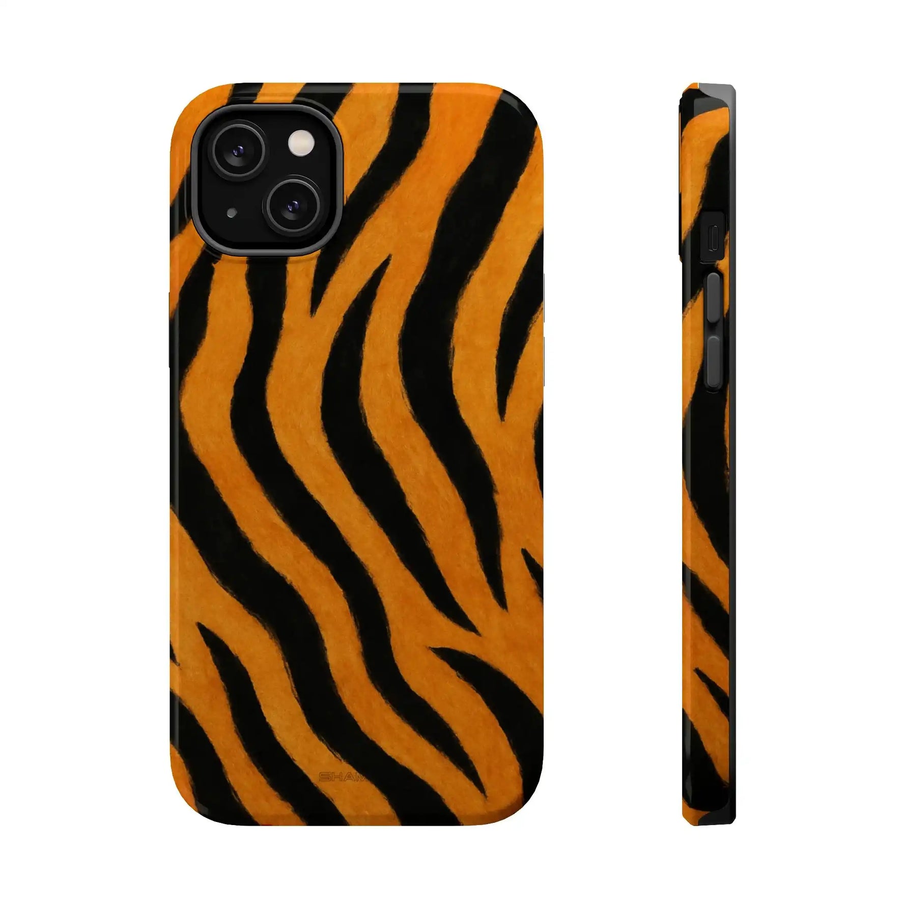 Tiger print phone case shown in front and side views, highlighting slim profile and vibrant pattern