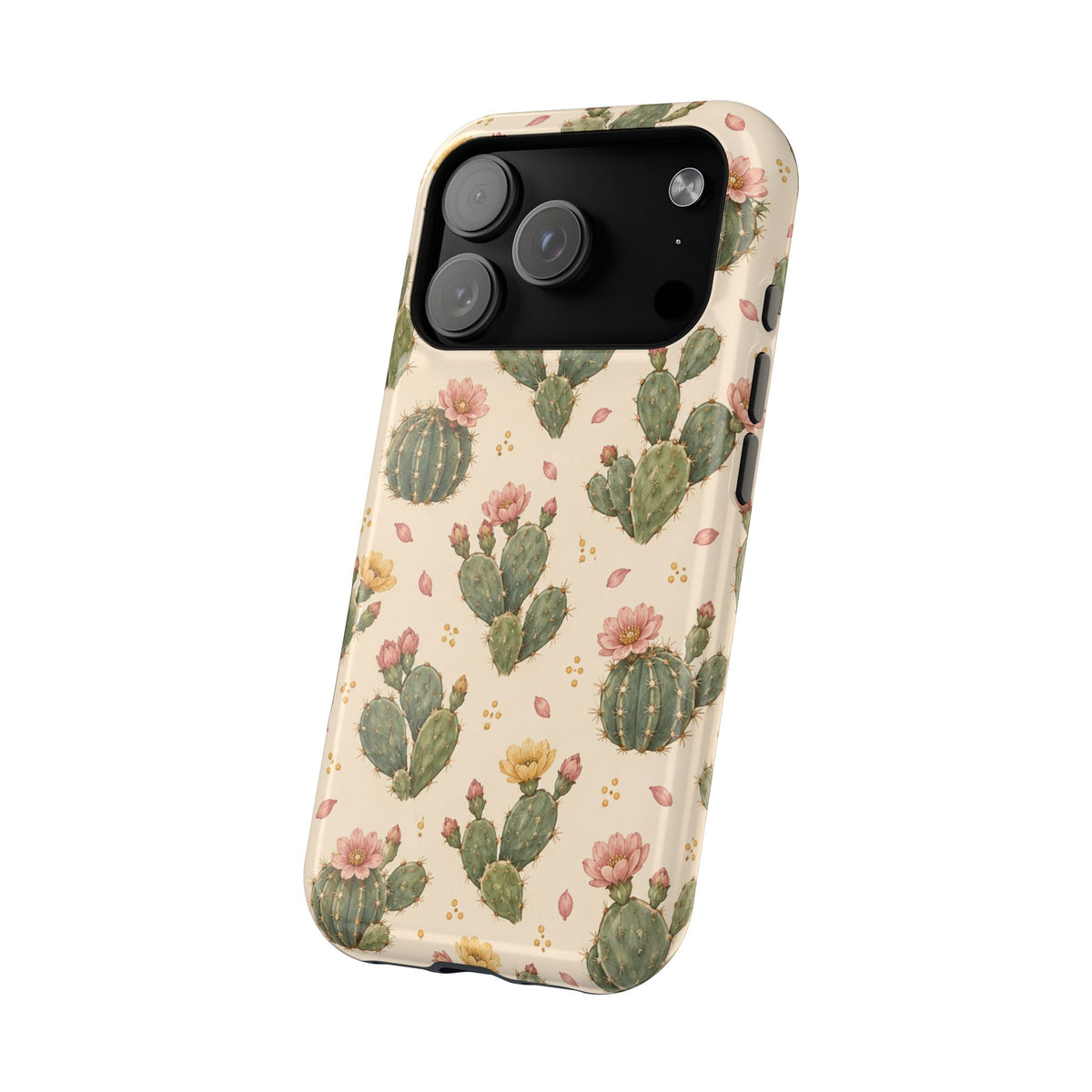 Cactus Bloom – Sage Green Floral Cactus MagSafe Phone Case, glossy compact wide-camera Pro model, angled rear view