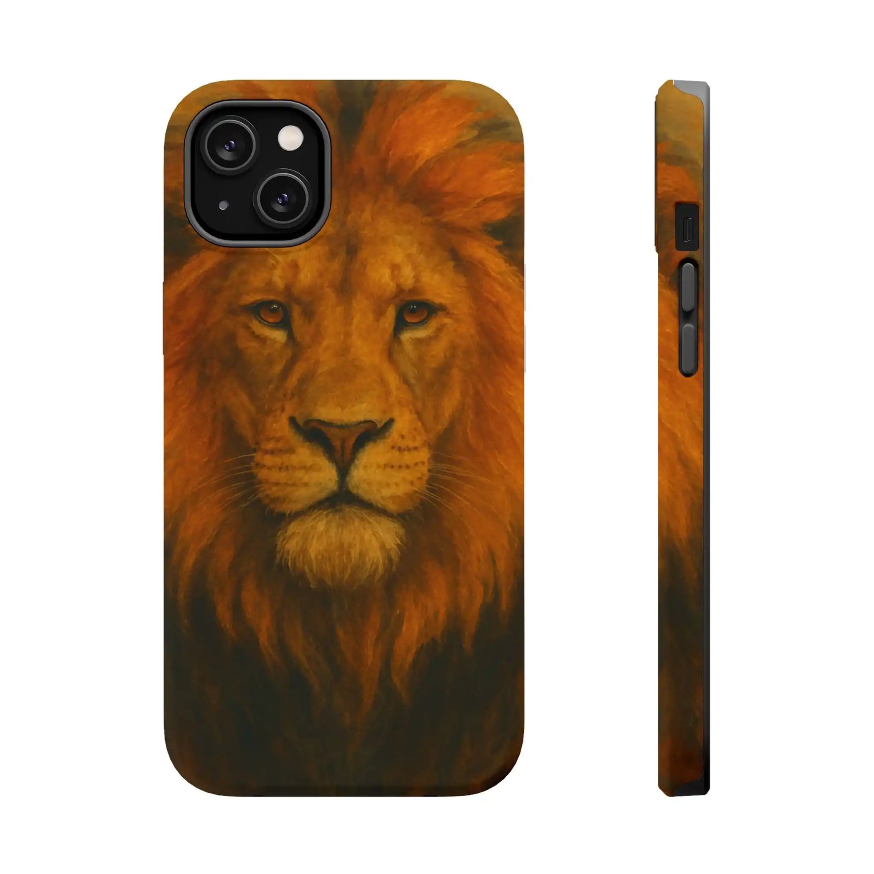 Phone case featuring a detailed lion face design, shown front and side variant size