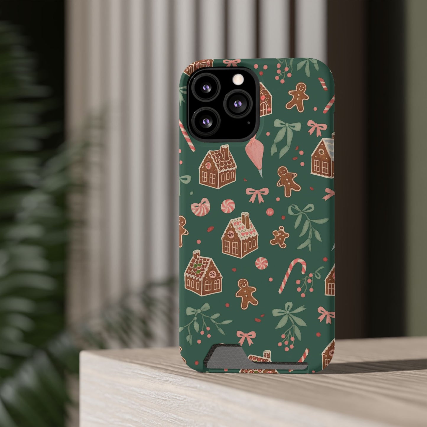 Holiday Gingerbread Phone Case with Card Holder — Festive Green Candy Cane Design