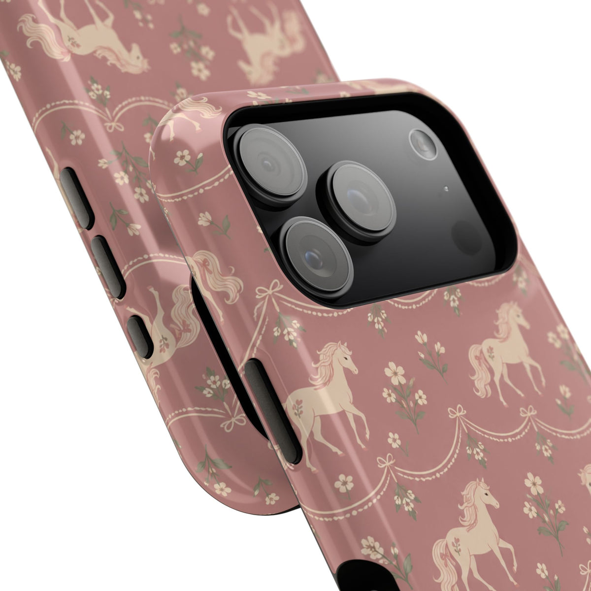 Rose Ponies MagSafe Phone Case, glossy wide-camera Pro model, camera and side-button close-up