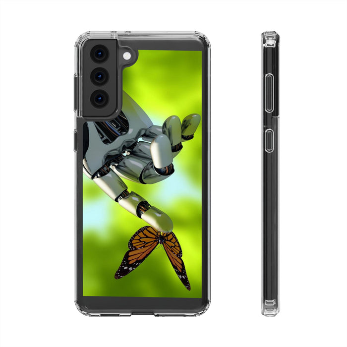 Clear Cases for iPhone 14 Series with Robotic hand and Butterfly.