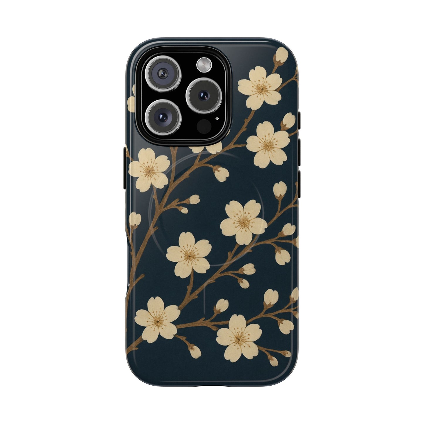 Navy Cherry Blossom Floral iPhone Case - Compatible with MagSafe