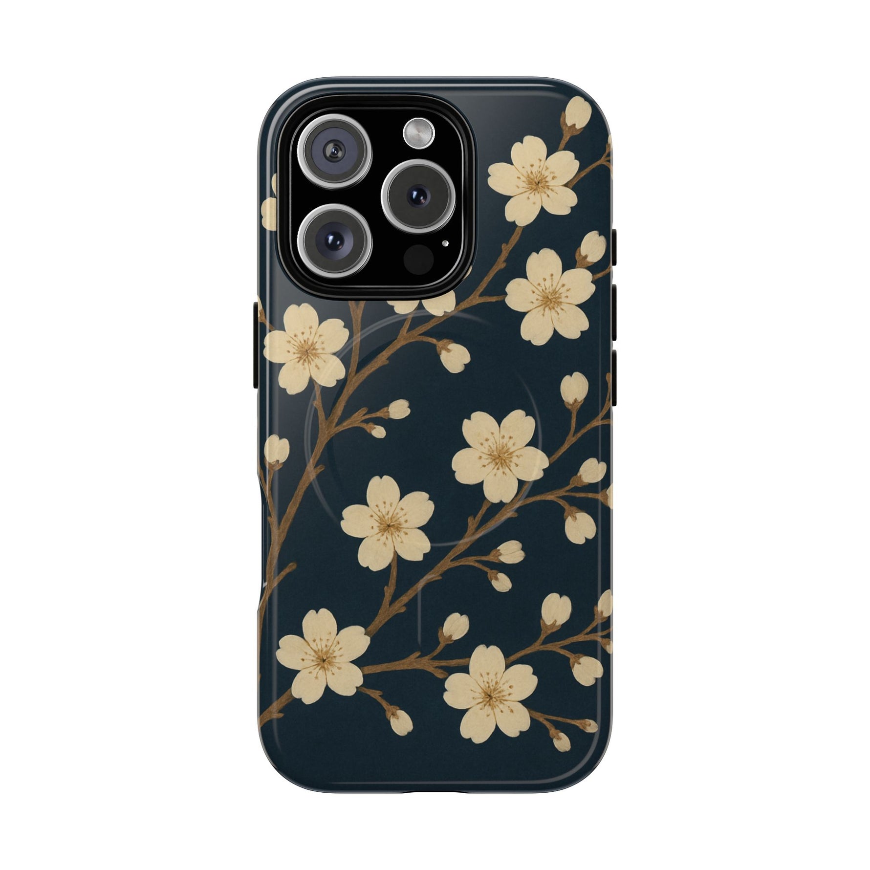 Navy Cherry Blossom Floral iPhone Case - Compatible with MagSafe - Shamo's