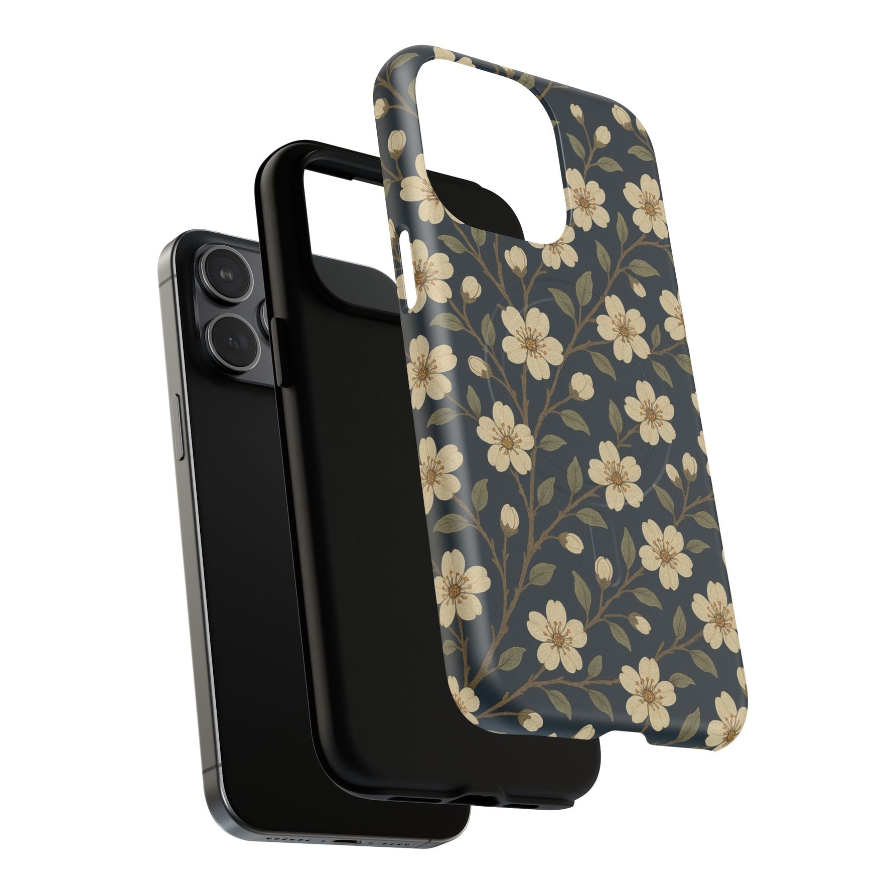 Navy Cherry Blossom Floral iPhone Case - Compatible with MagSafe - Shamo's