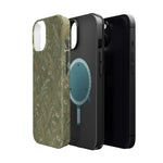 Golden Meadow – Sage Green Wildflower MagSafe Phone Case, glossy diagonal dual-camera model, exploded shell and liner with magnetic ring