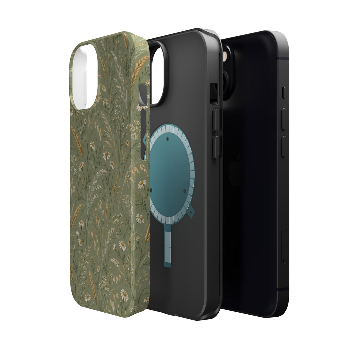 Golden Meadow – Sage Green Wildflower MagSafe Phone Case, glossy diagonal dual-camera model, exploded shell and liner with magnetic ring
