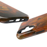Two glossy brown wood grain phone cases showing different variant sizes with precise camera and port cutouts