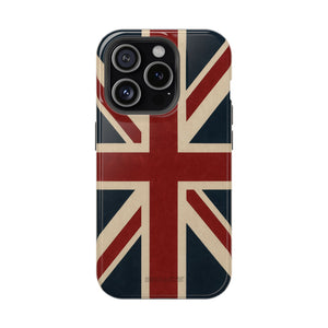 Back view of a phone case with a vintage red, cream, and navy Union Jack design