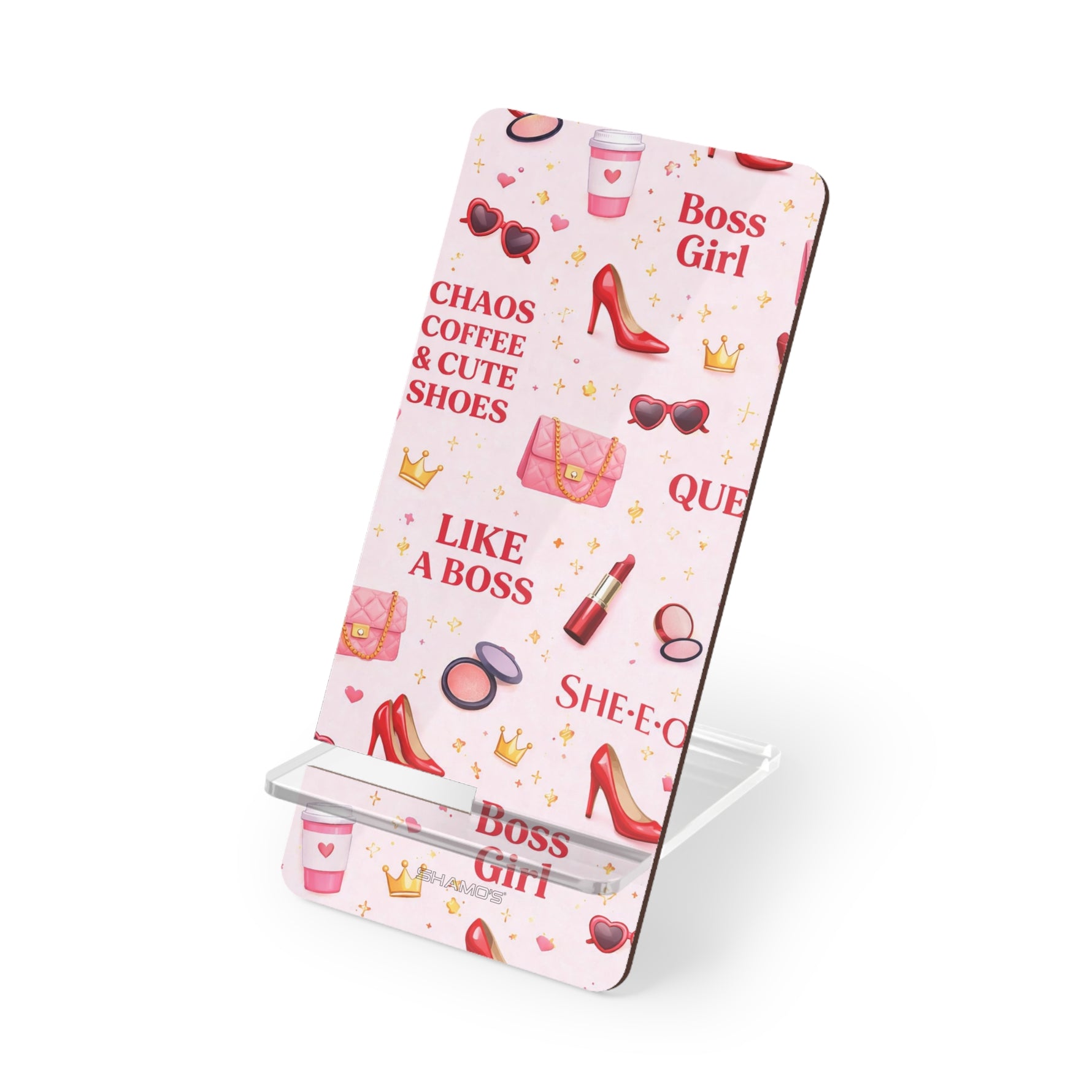 Phone Stand — 'Boss Girl' Pink Pattern Phone Dock (Like a Boss, Cute Shoes & Coffee)