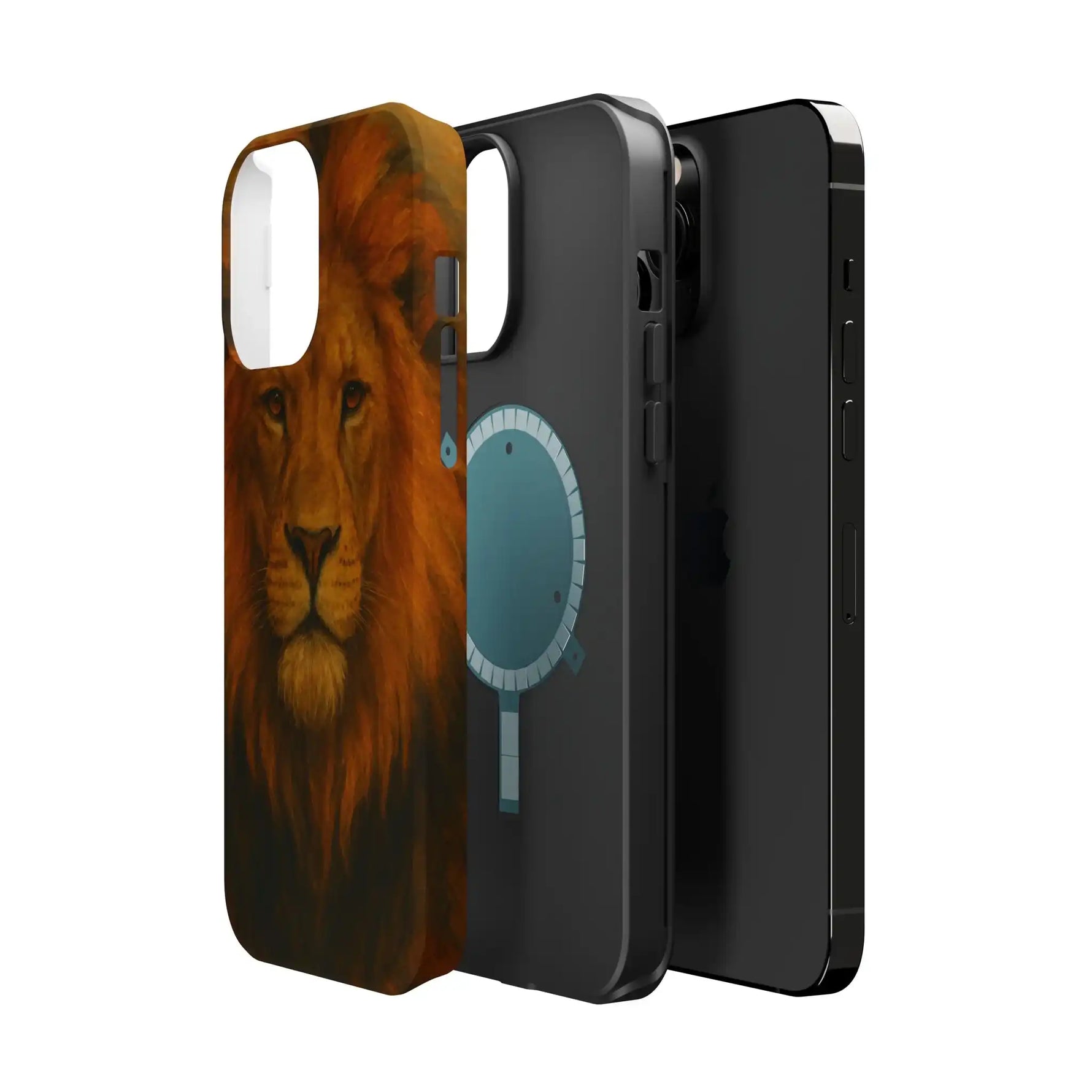 iPhone 13 Pro in black with a detachable lion face protective case showing size variant