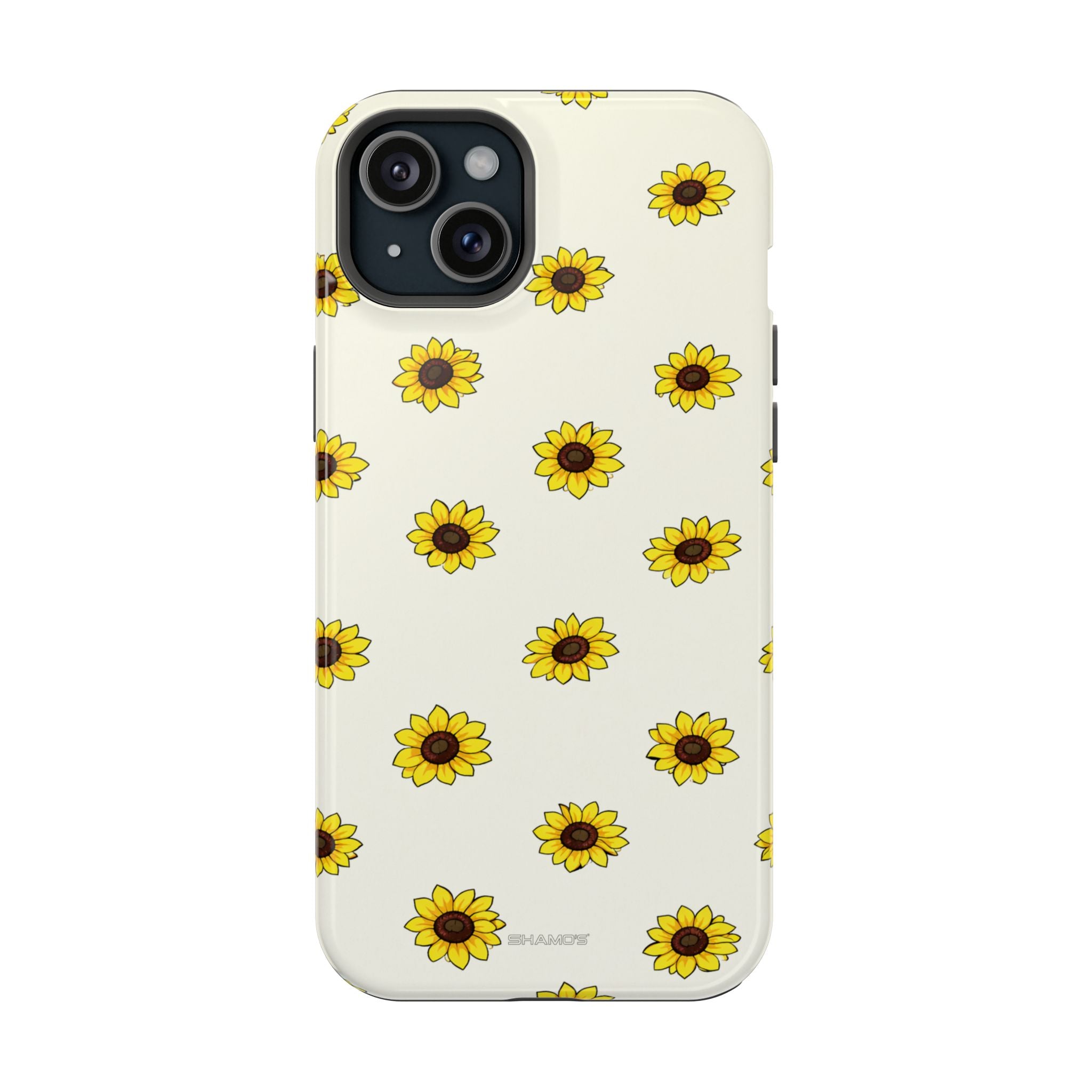 Shamo's iPhone case in standard size with yellow sunflower pattern on a cream background