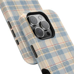 Ranch Check – Blue and Cream Plaid MagSafe Phone Case, glossy square triple-camera Pro model, camera and side-button close-up