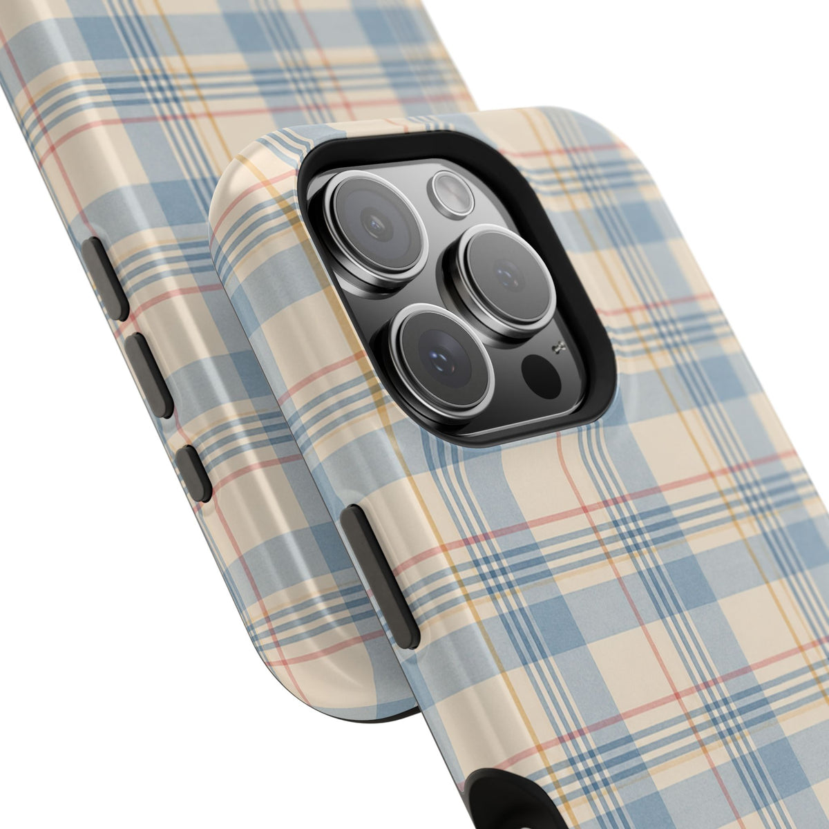 Ranch Check – Blue and Cream Plaid MagSafe Phone Case, glossy square triple-camera Pro model, camera and side-button close-up