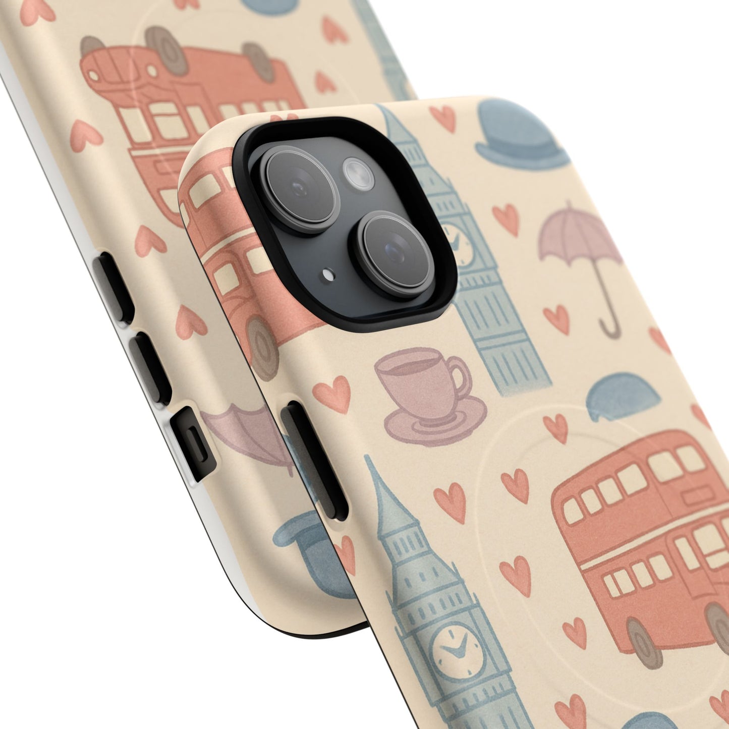 London Icons Hand-Drawn iPhone Case — Cute Double-Decker Bus & Big Ben Pattern with MagSafe compatibility
