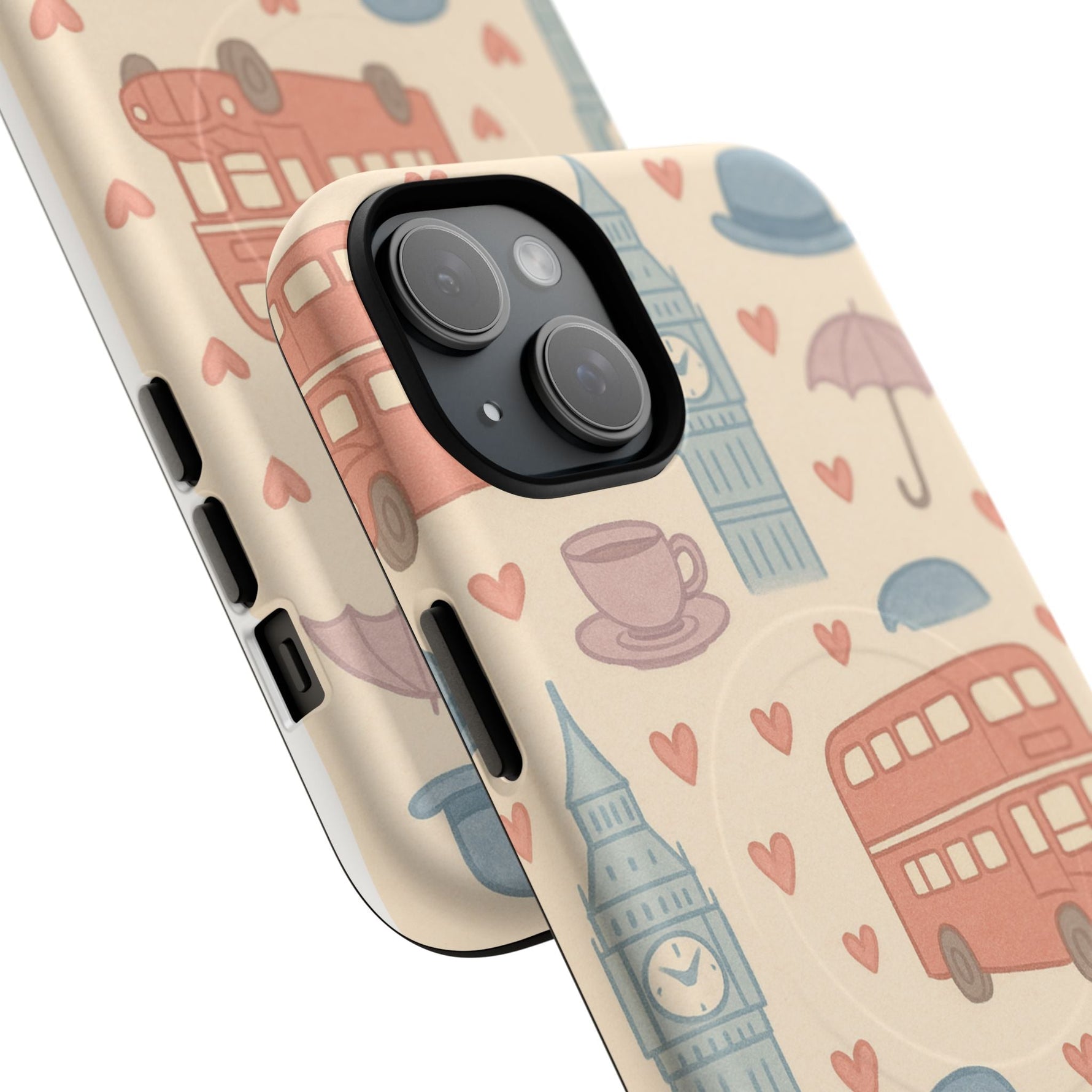London Icons Hand-Drawn iPhone Case — Cute Double-Decker Bus & Big Ben Pattern with MagSafe compatibility  Shamo's