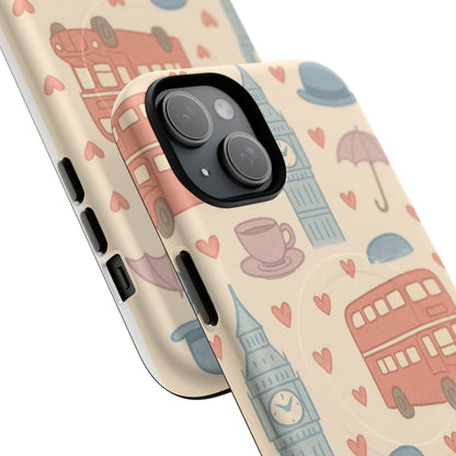London Icons Hand-Drawn iPhone Case — Cute Double-Decker Bus & Big Ben Pattern with MagSafe compatibility