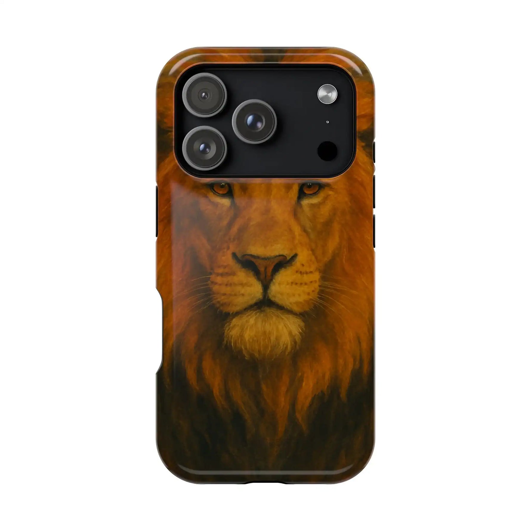 iPhone case with detailed lion face design showing variant size for camera and case