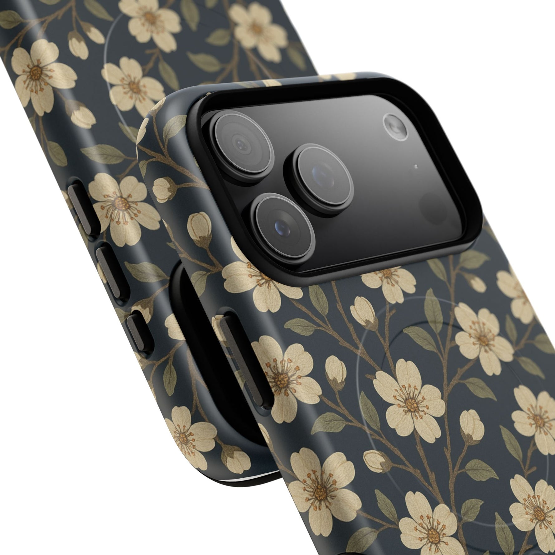 Navy Cherry Blossom Floral iPhone Case - Compatible with MagSafe - Shamo's