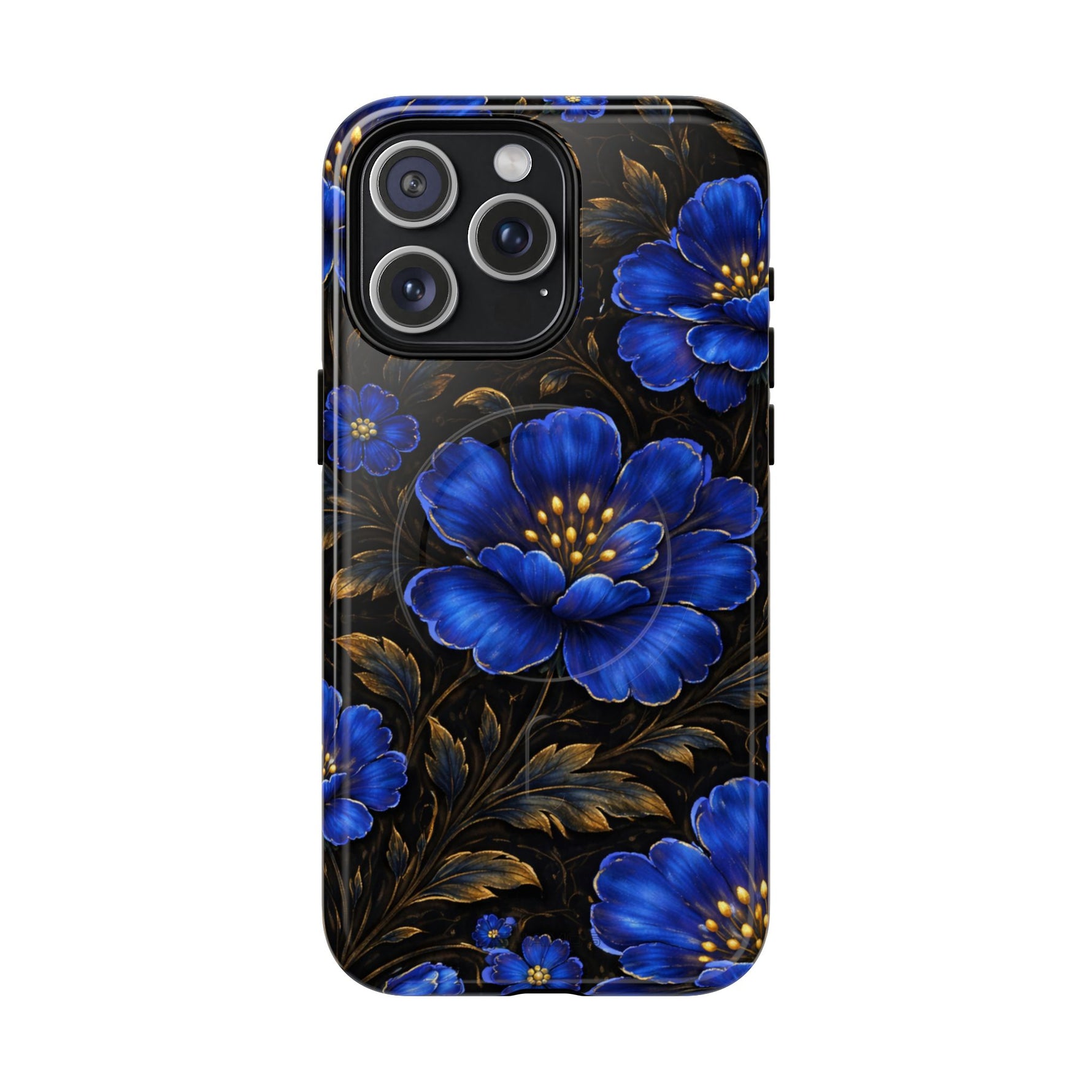Phone case with large and small blue flowers and gold leaves on black background, showing variant sizes