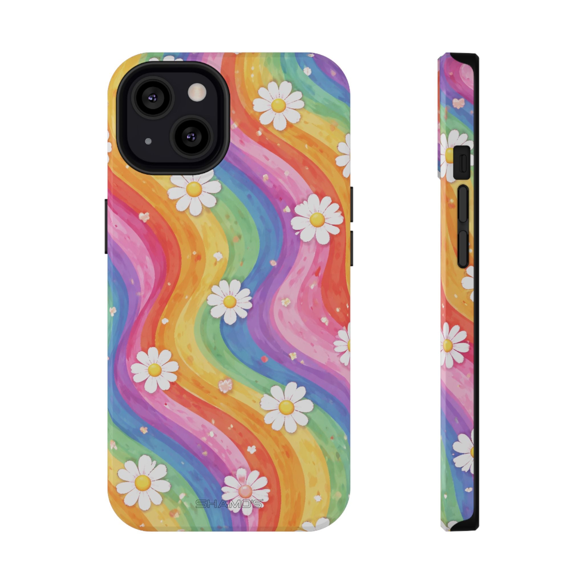 Phone case with flowing rainbow-colored stripes and small white daisies