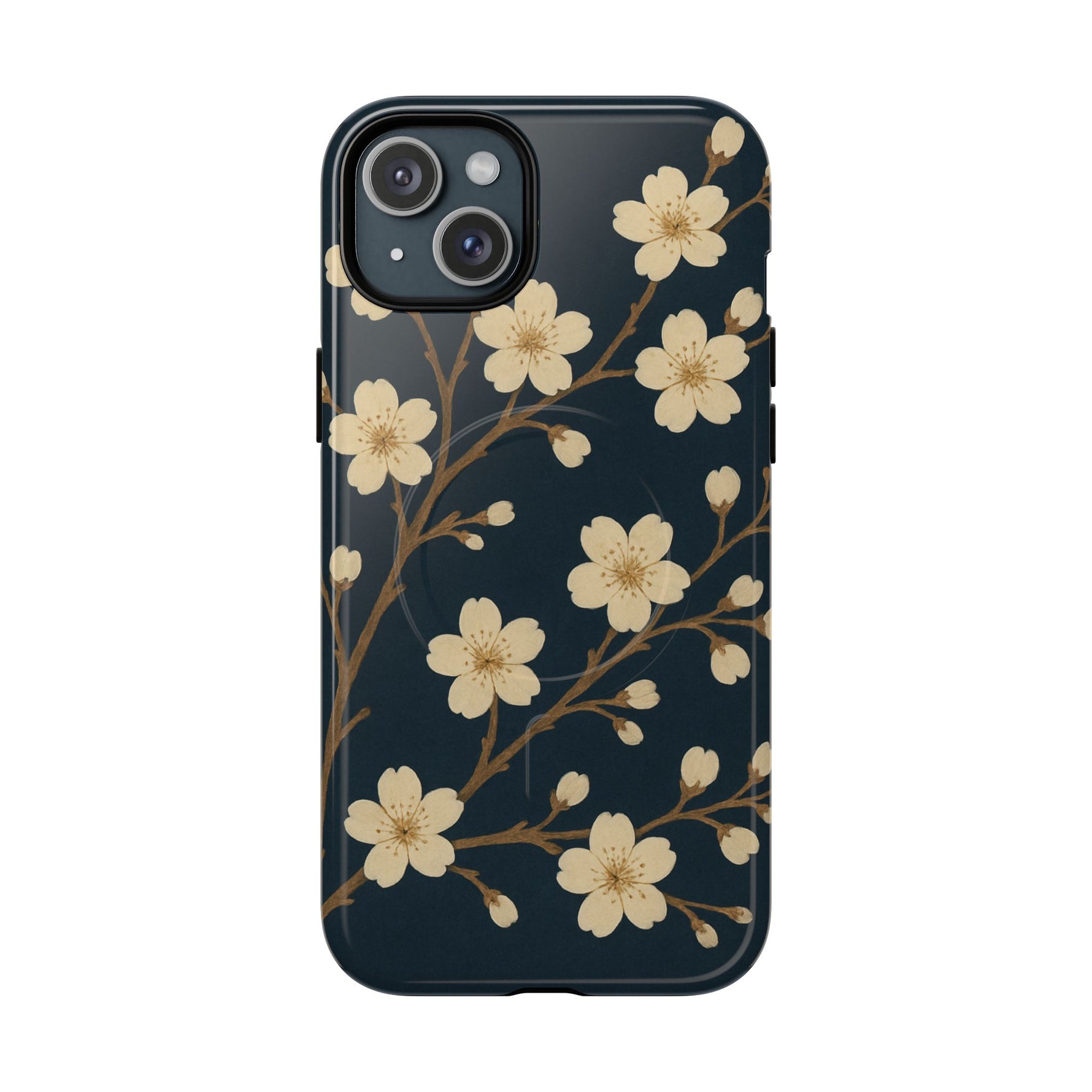 Navy Cherry Blossom Floral iPhone Case - Compatible with MagSafe - Shamo's