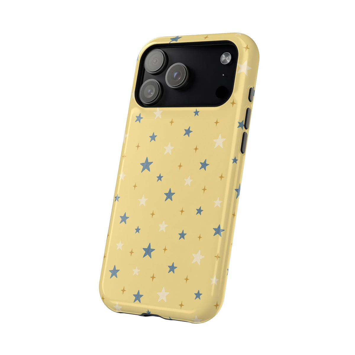 Prairie Stars – Yellow and Blue Star MagSafe Phone Case, glossy wide-camera Pro Max model, angled rear view