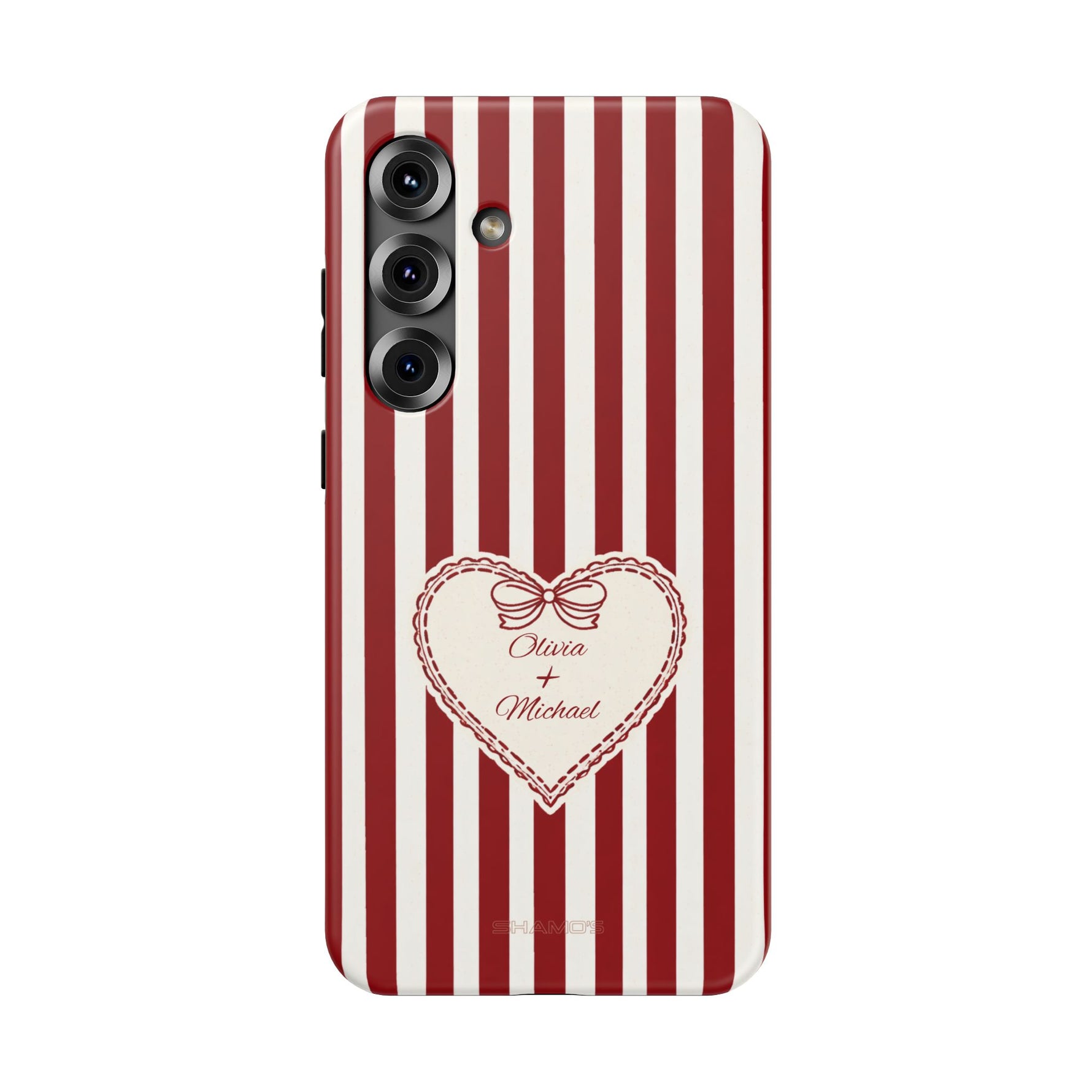 Funda personalizada a rayas — Diseño de corazón rojo y blanco (nombres personalizados)