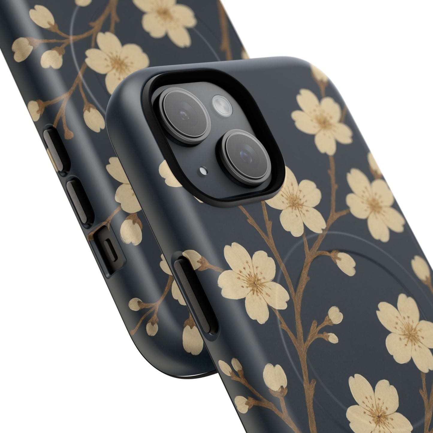 Navy Cherry Blossom Floral iPhone Case - Compatible with MagSafe