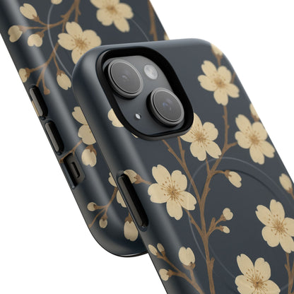 Navy Cherry Blossom Floral iPhone Case - Compatible with MagSafe