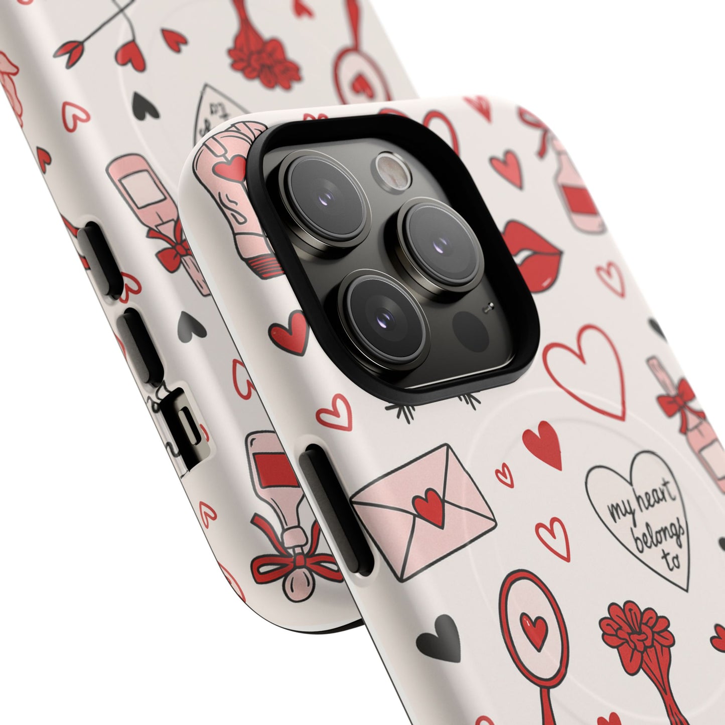 Romantic Love Doodle Tough iPhone Case ("LOVE", hearts, roses) (MagSafe compatible)