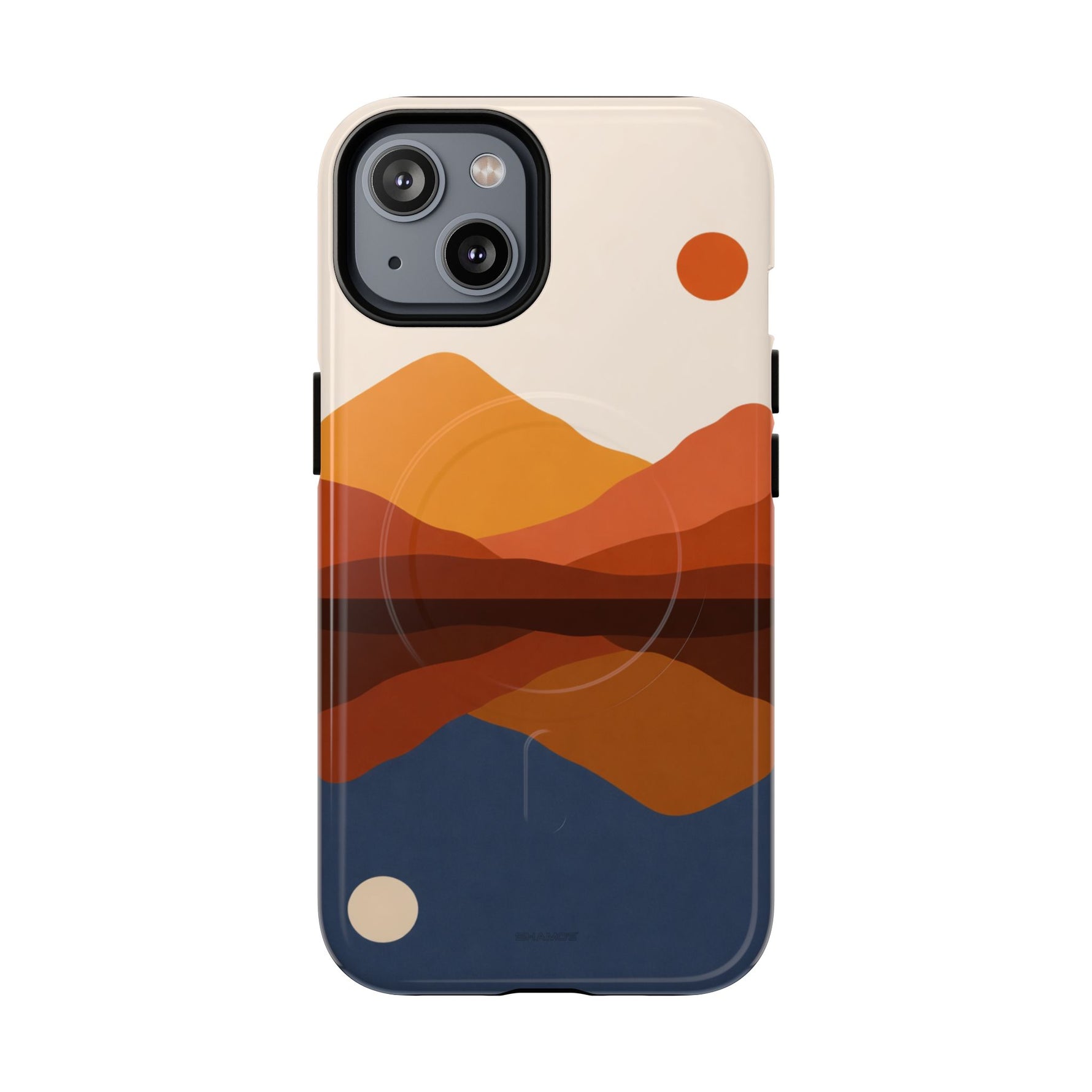 Mid-size phone case with abstract mountain landscape design in orange and blue tones, two red and beige circles